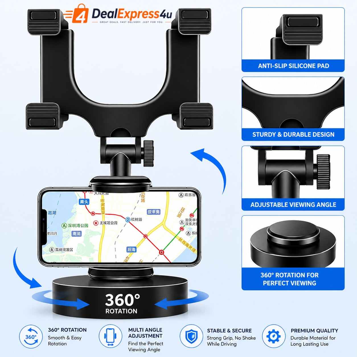 360° Rotating Car Phone Holder – Rear View Mirror Mount (Universal, Black)
