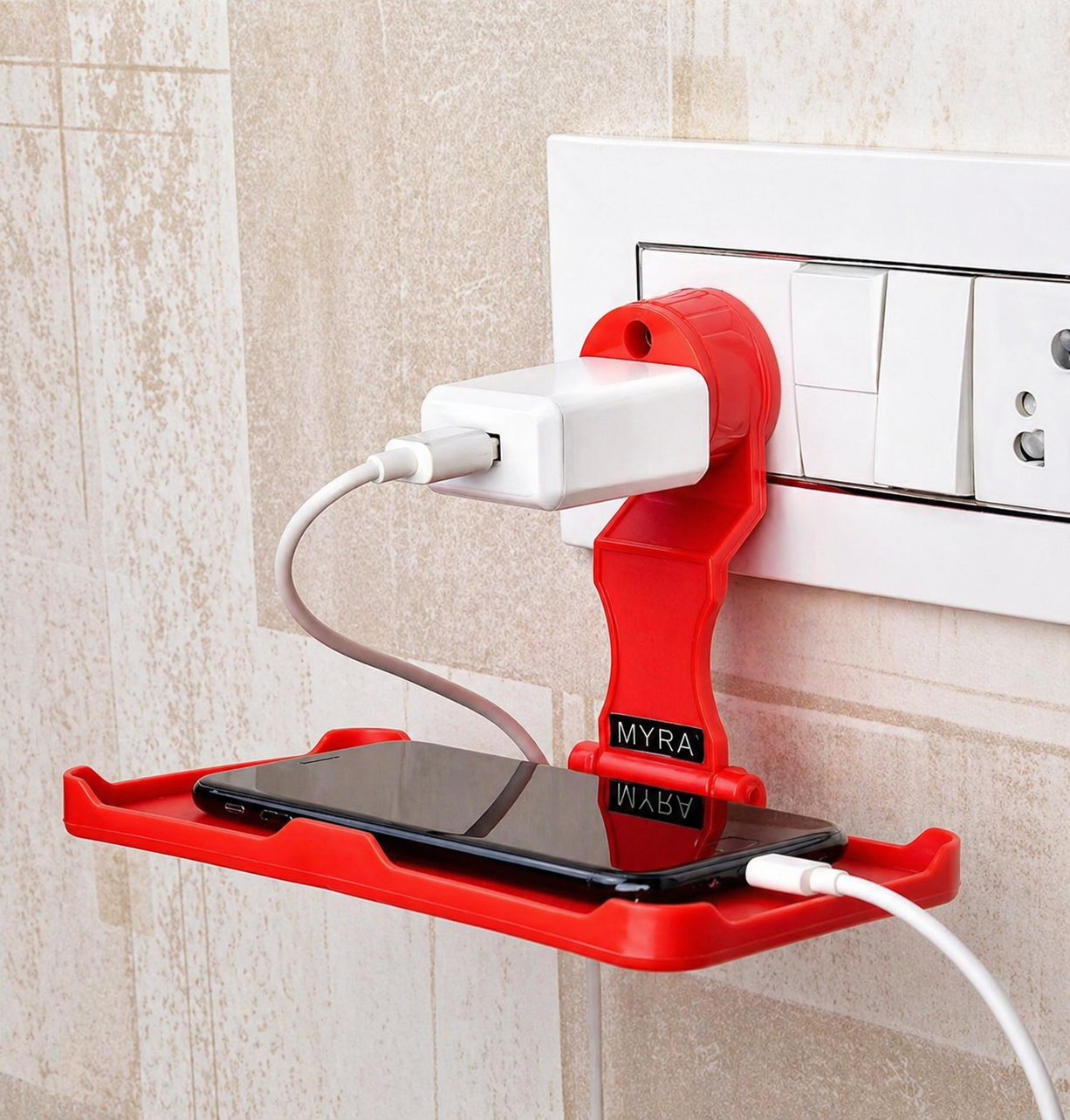 Foldable Wall Mobile Holder (Pack of 3) – Charging Stand for Safe & Tangle-Free Use (Red/Black)