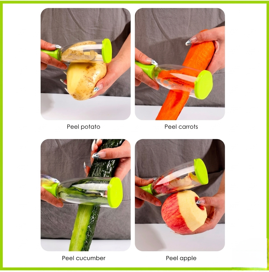 2-in-1 Vegetable & Fruit Peeler with Storage Container | Stainless Steel Blade Multipurpose Kitchen Peeling Tool (Green)