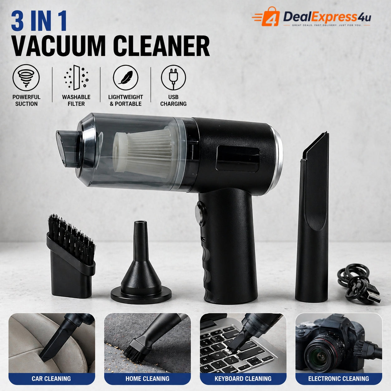 3-in-1 Mini Car Vacuum Cleaner – Wireless Rechargeable Handheld Vacuum, Blower & Dust Cleaner (High Power Suction for Car & Home)