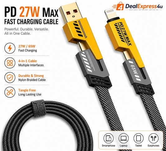 4-in-1 Fast Charging Cable – PD 60W USB-C to Lightning & USB-A Multi Charging Cable (Universal, Durable)