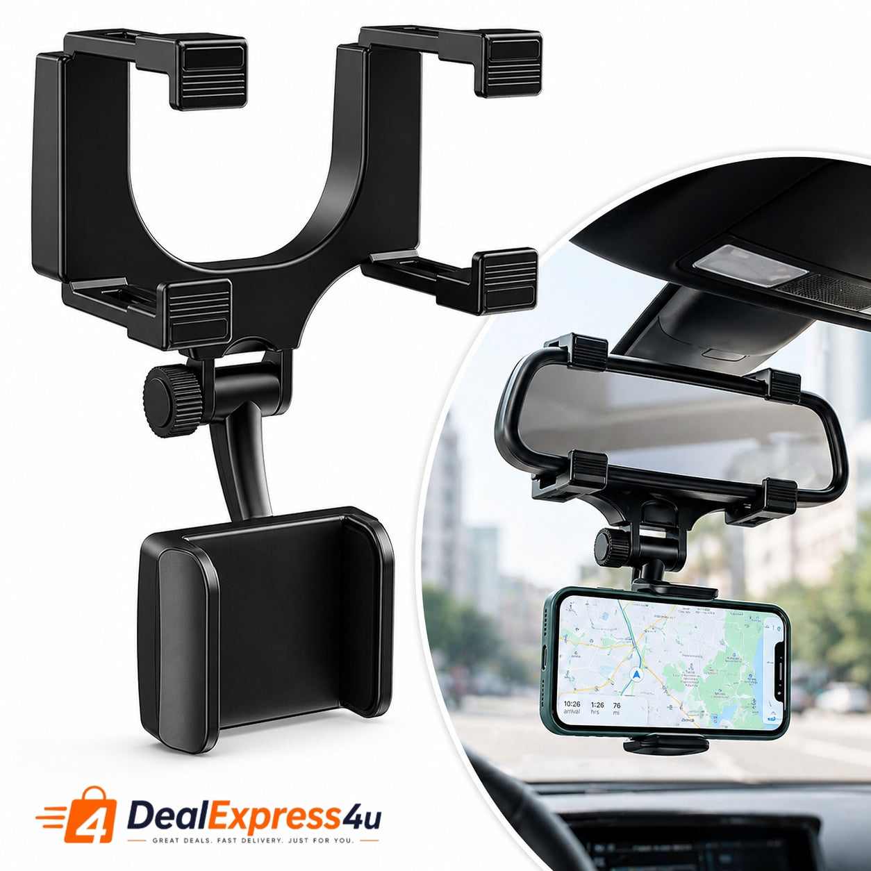 360° Rotating Car Phone Holder – Rear View Mirror Mount (Universal, Black)