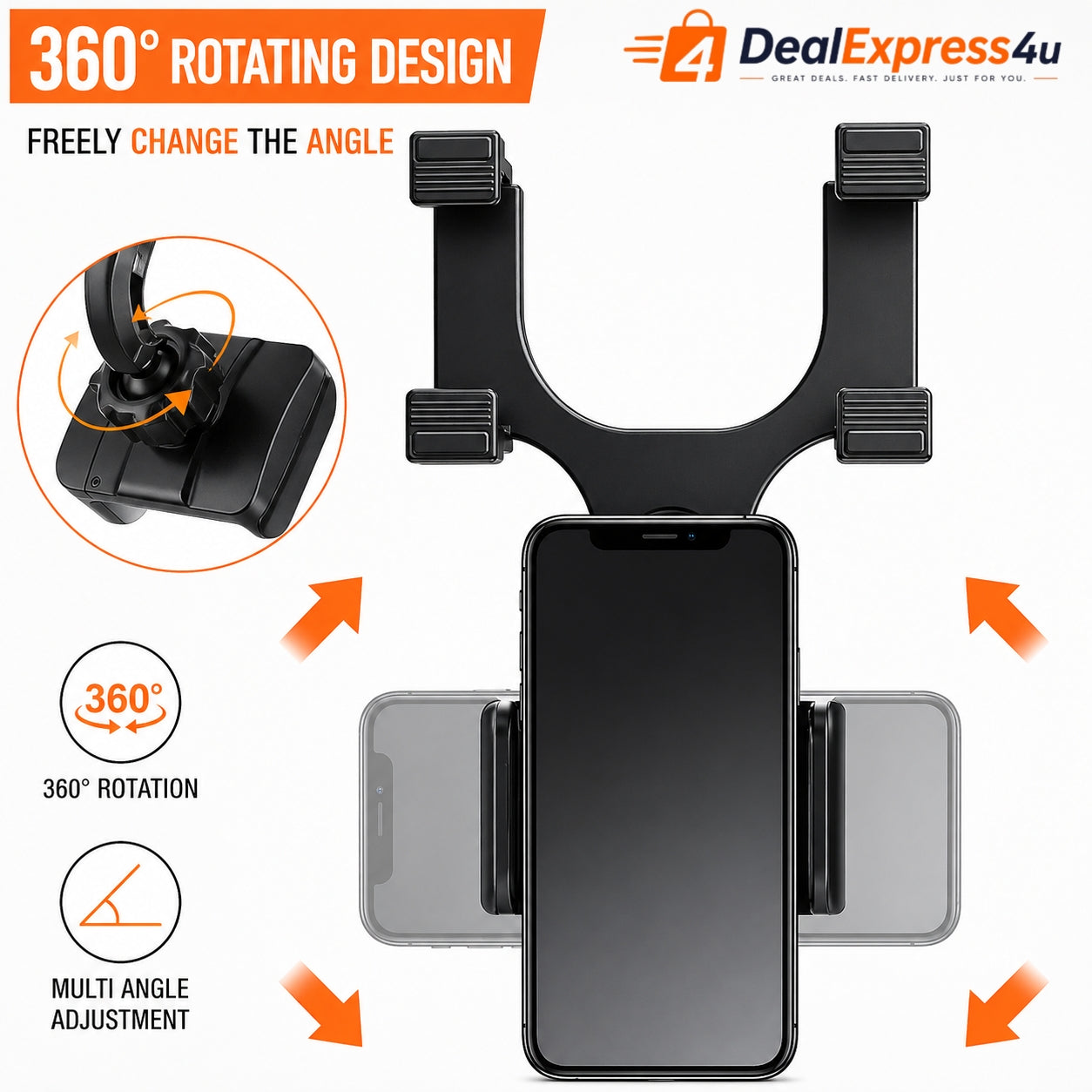 360° Rotating Car Phone Holder – Rear View Mirror Mount (Universal, Black)