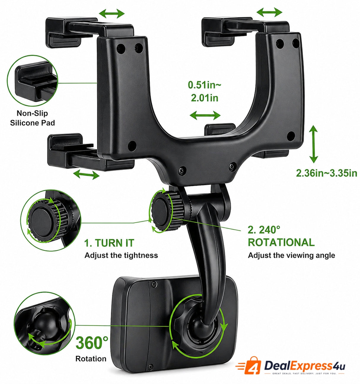 360° Rotating Car Phone Holder – Rear View Mirror Mount (Universal, Black)