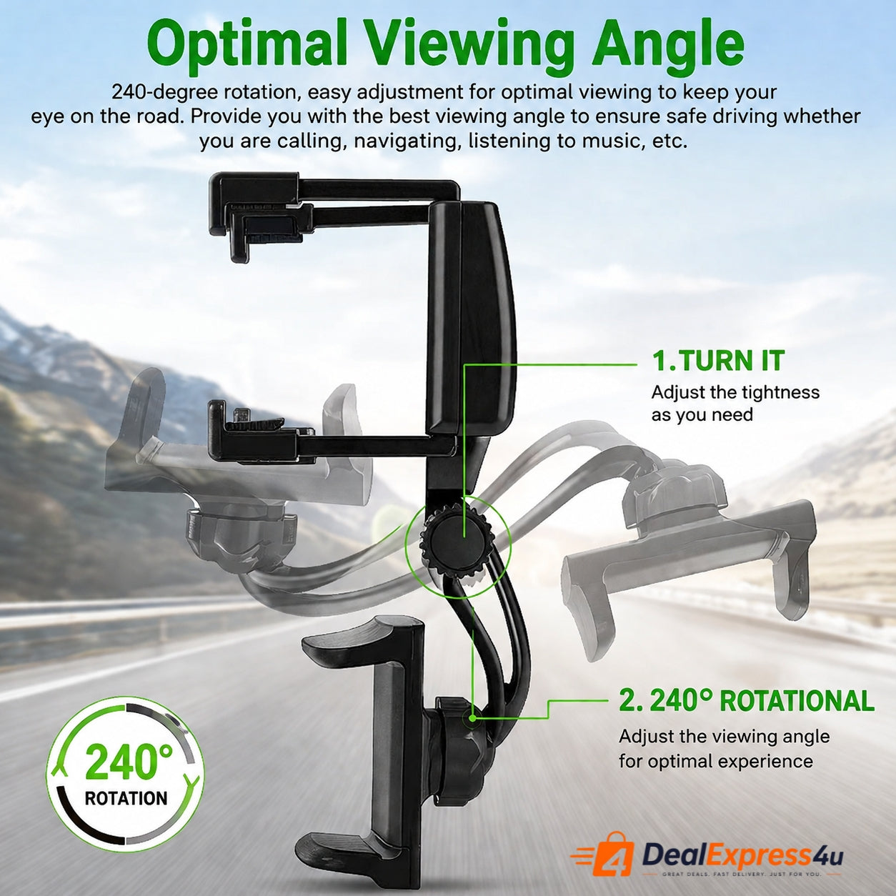 360° Rotating Car Phone Holder – Rear View Mirror Mount (Universal, Black)