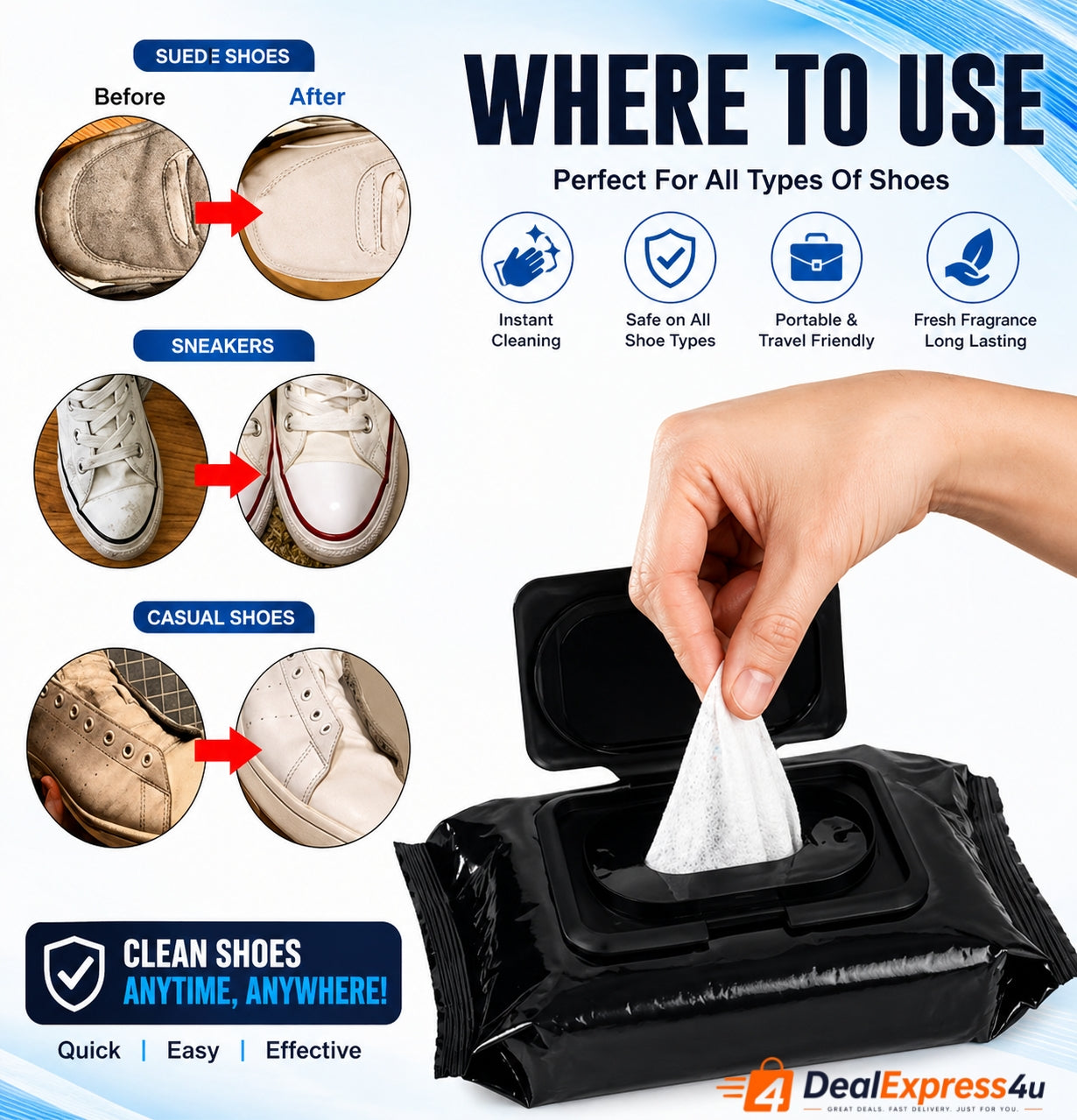 Shoe Cleaning Wet Wipes (80 Pack) – Instant Shoe Cleaner | Travel-Friendly, No Water Needed | Safe for All Shoes