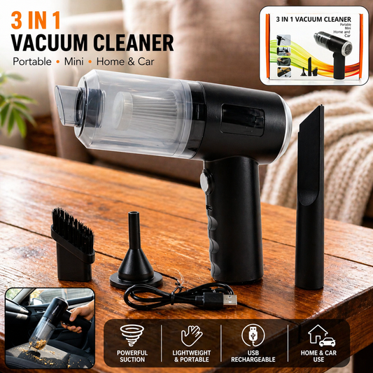 3-in-1 Mini Car Vacuum Cleaner – Wireless Rechargeable Handheld Vacuum, Blower & Dust Cleaner (High Power Suction for Car & Home)