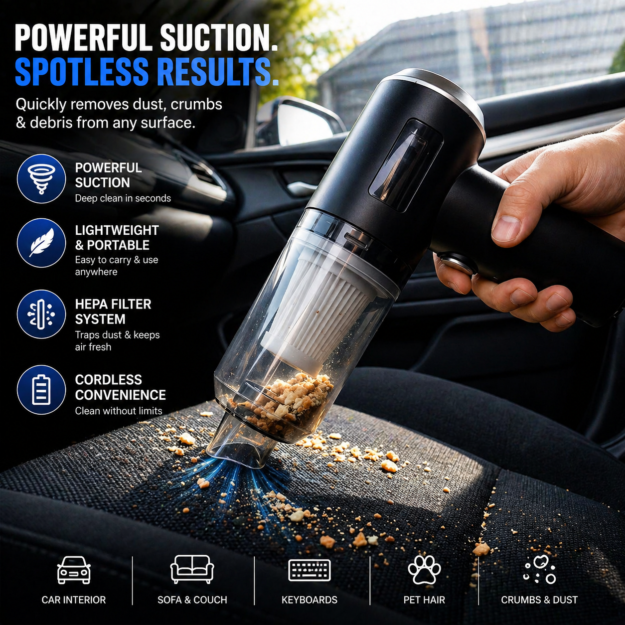 3-in-1 Mini Car Vacuum Cleaner – Wireless Rechargeable Handheld Vacuum, Blower & Dust Cleaner (High Power Suction for Car & Home)