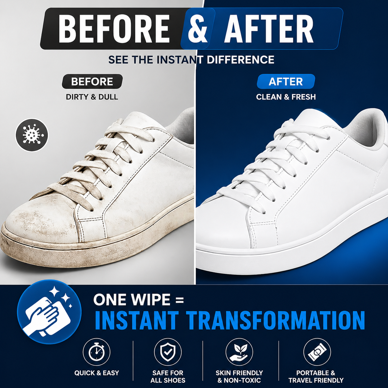 Shoe Cleaning Wet Wipes (80 Pack) – Instant Shoe Cleaner | Travel-Friendly, No Water Needed | Safe for All Shoes