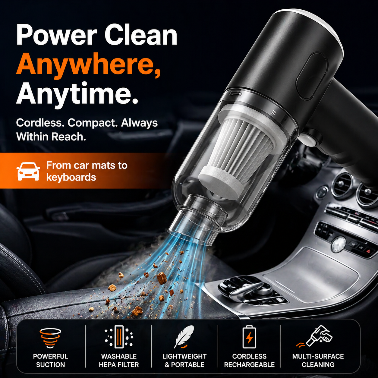 3-in-1 Mini Car Vacuum Cleaner – Wireless Rechargeable Handheld Vacuum, Blower & Dust Cleaner (High Power Suction for Car & Home)