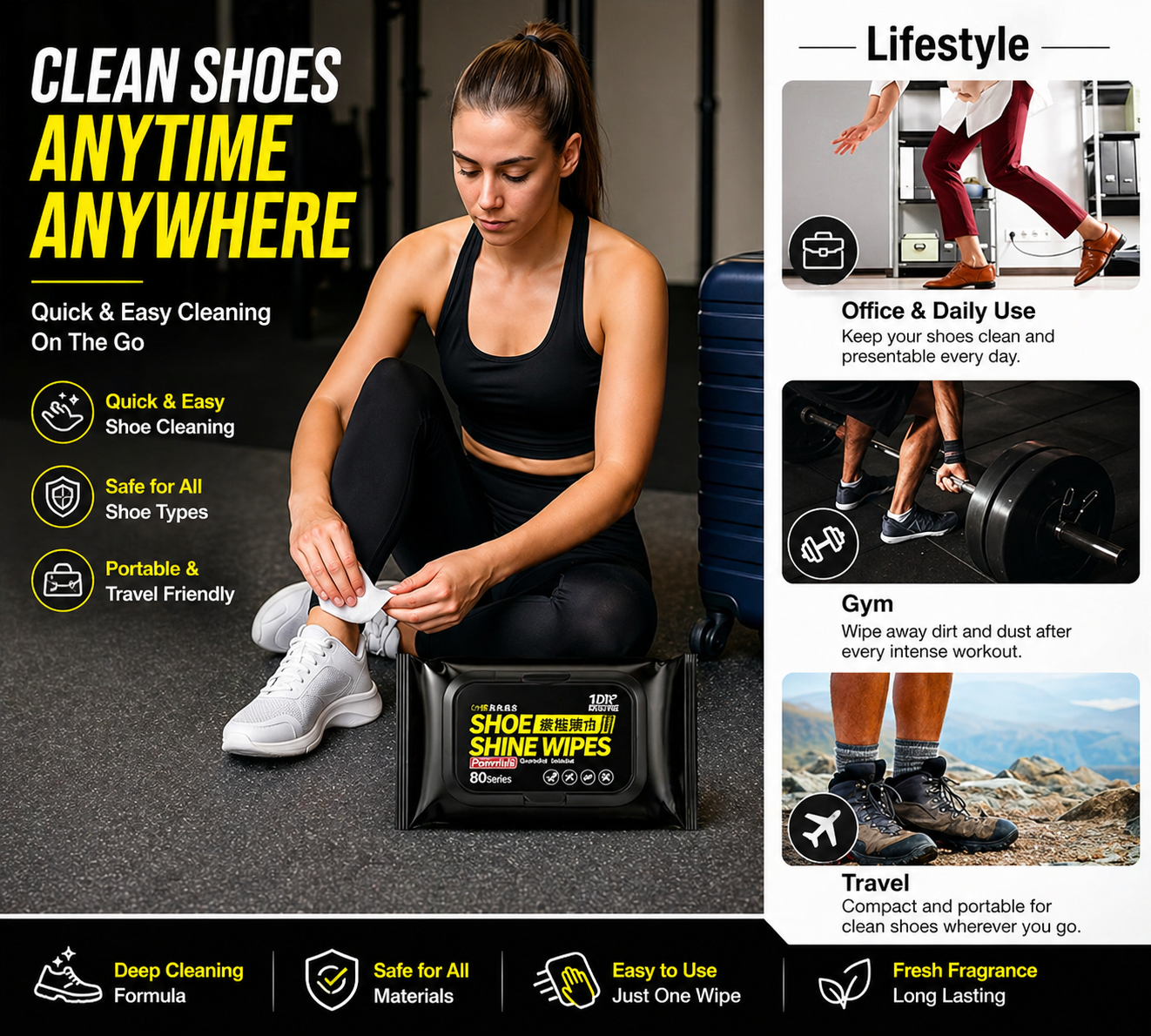 Shoe Cleaning Wet Wipes (80 Pack) – Instant Shoe Cleaner | Travel-Friendly, No Water Needed | Safe for All Shoes