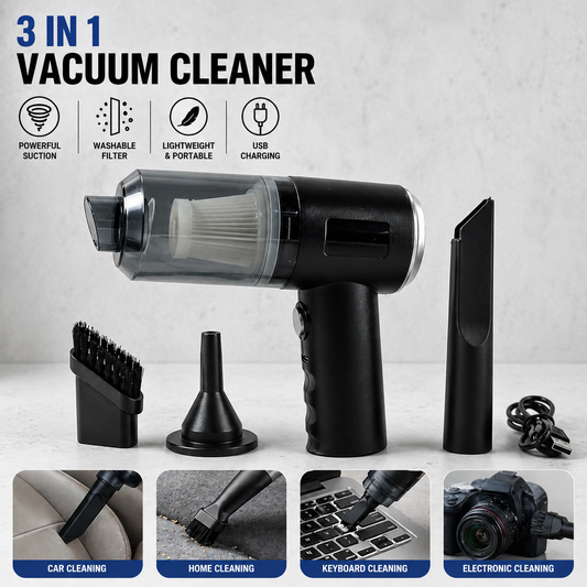3-in-1 Mini Car Vacuum Cleaner – Wireless Rechargeable Handheld Vacuum, Blower & Dust Cleaner (High Power Suction for Car & Home)