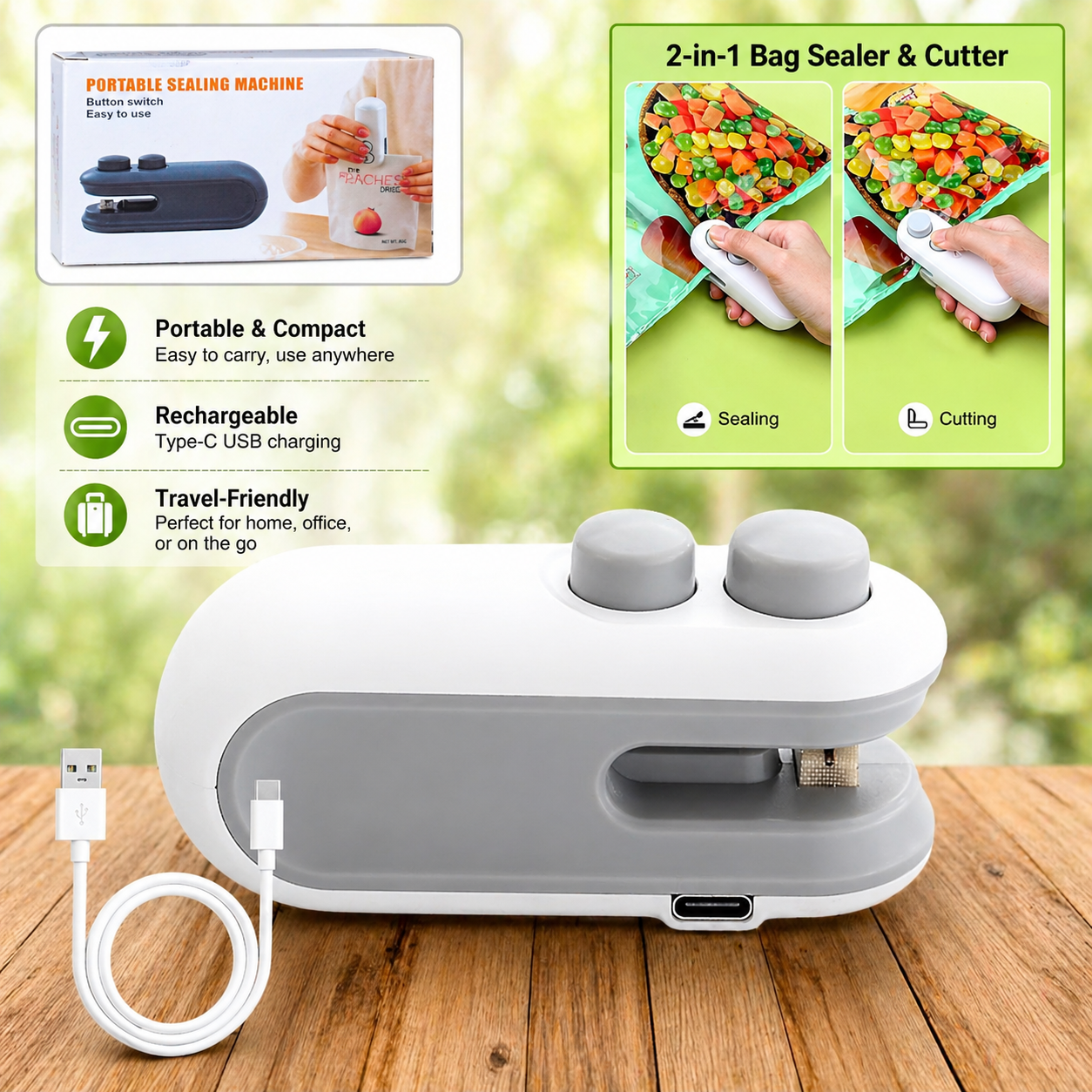Mini Bag Sealer 2-in-1 – Portable Heat Sealer & Cutter | Keep Snacks Fresh Anytime (USB Rechargeable)