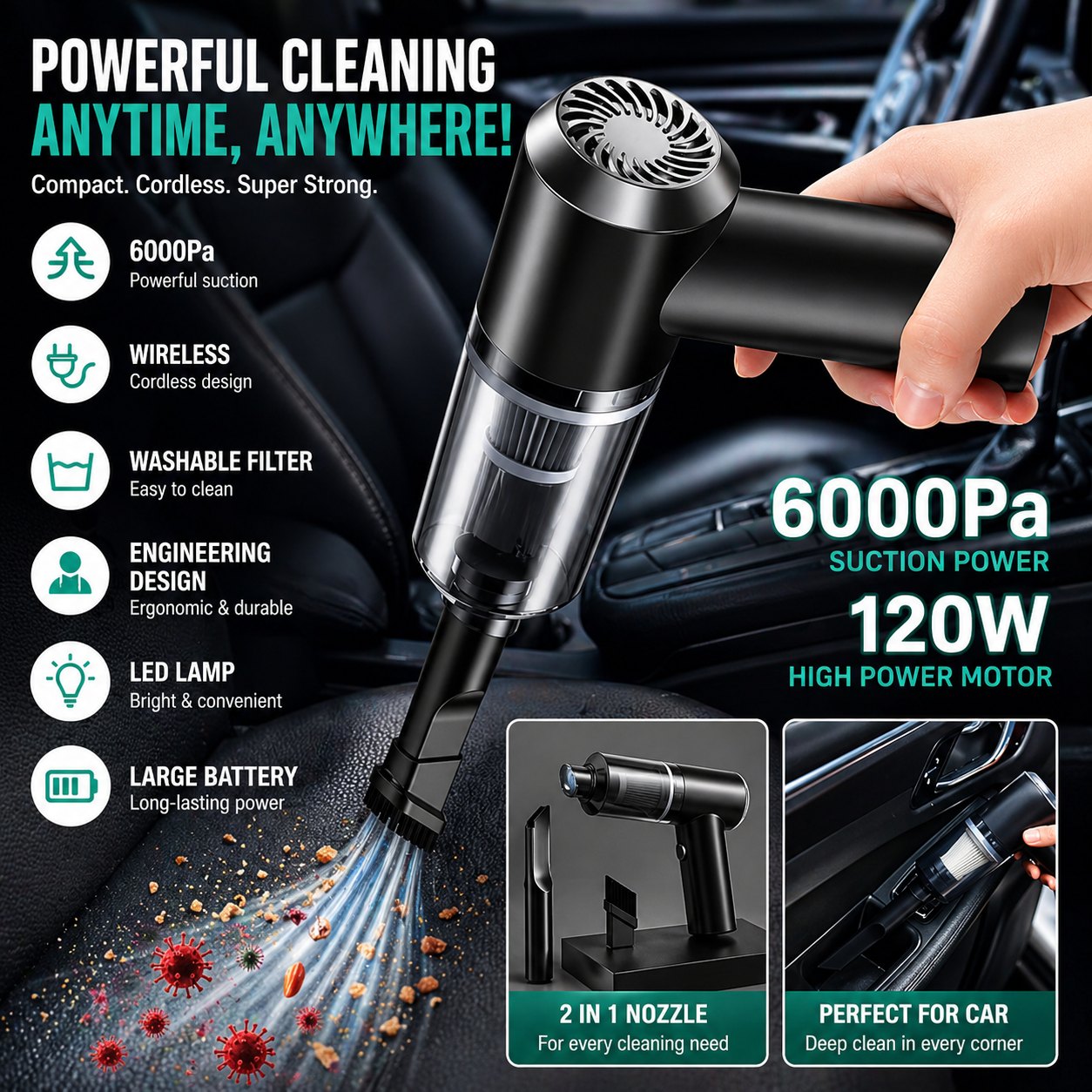 3-in-1 Mini Car Vacuum Cleaner – Wireless Rechargeable Handheld Vacuum, Blower & Dust Cleaner (High Power Suction for Car & Home)