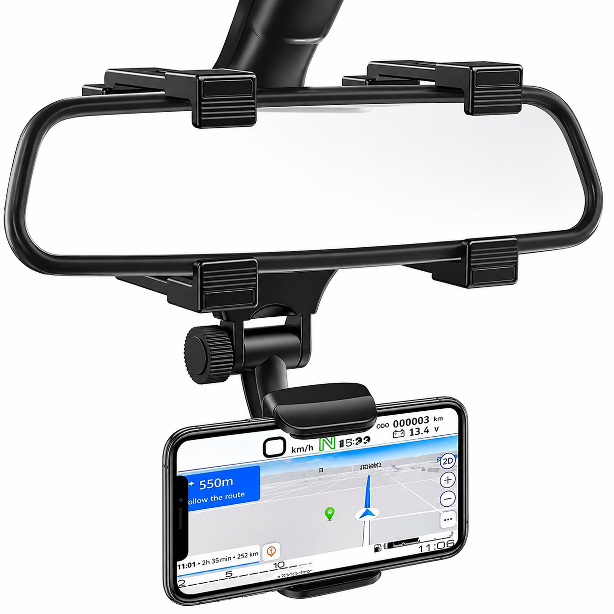 360° Rotating Car Phone Holder – Rear View Mirror Mount (Universal, Black)