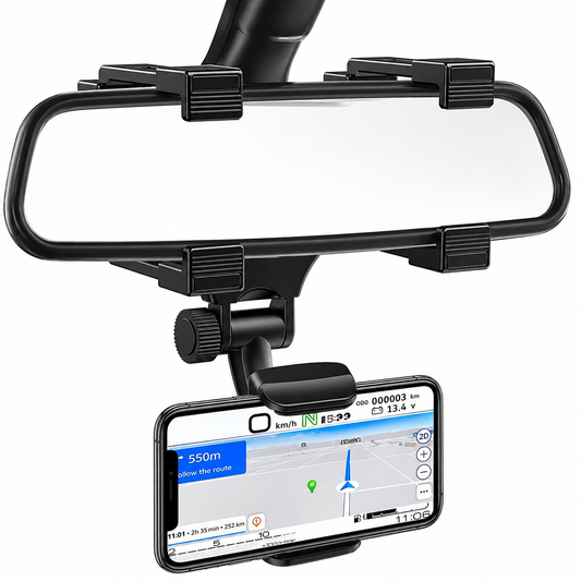 360° Rotating Car Phone Holder – Rear View Mirror Mount (Universal, Black)