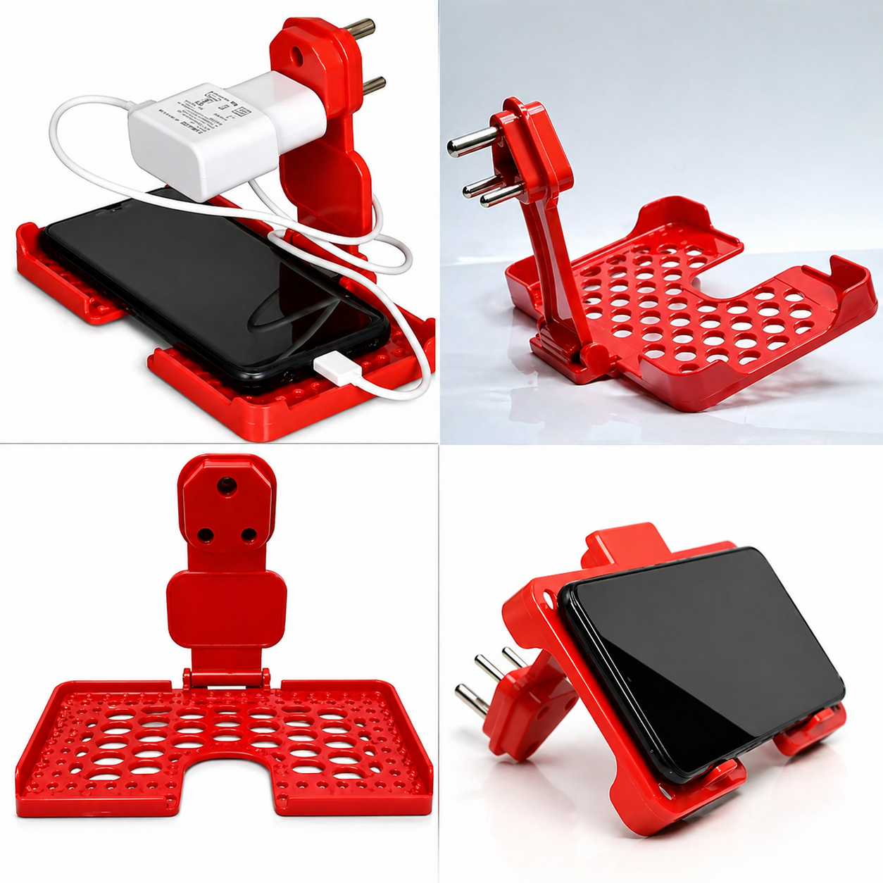 Foldable Wall Mobile Holder (Pack of 3) – Charging Stand for Safe & Tangle-Free Use (Red/Black)