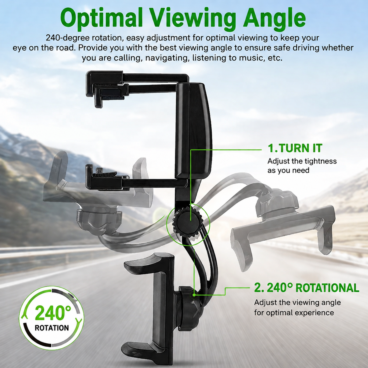 360° Rotating Car Phone Holder – Rear View Mirror Mount (Universal, Black)