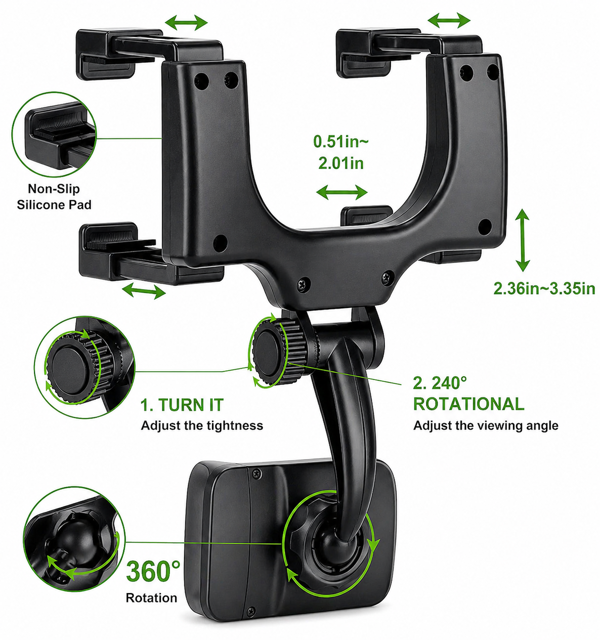 360° Rotating Car Phone Holder – Rear View Mirror Mount (Universal, Black)