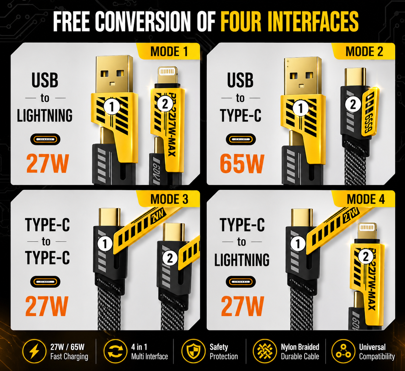4-in-1 Fast Charging Cable – PD 60W USB-C to Lightning & USB-A Multi Charging Cable (Universal, Durable)