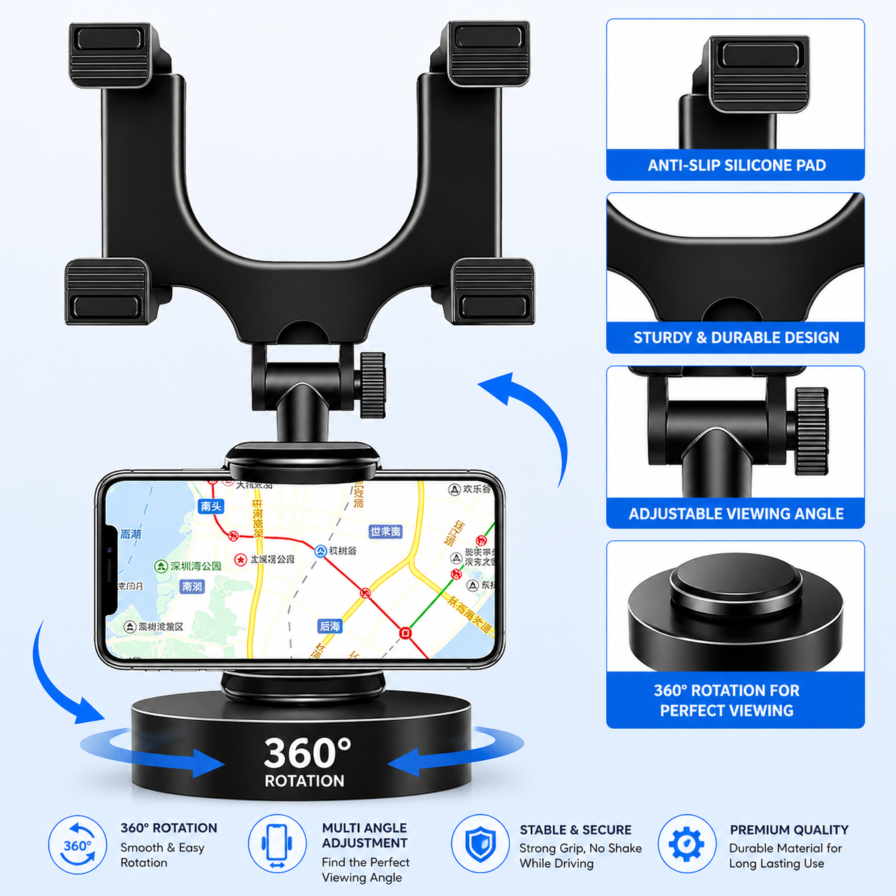 360° Rotating Car Phone Holder – Rear View Mirror Mount (Universal, Black)