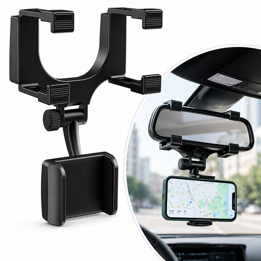 360° Rotating Car Phone Holder – Rear View Mirror Mount (Universal, Black)