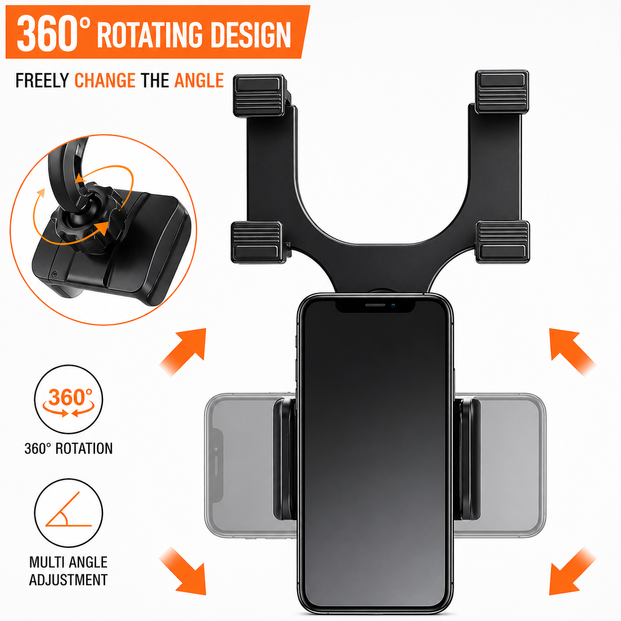 360° Rotating Car Phone Holder – Rear View Mirror Mount (Universal, Black)