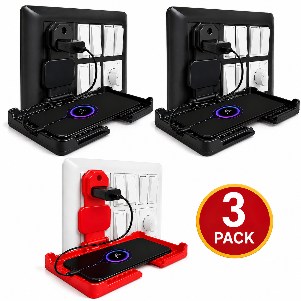 Foldable Wall Mobile Holder (Pack of 3) – Charging Stand for Safe & Tangle-Free Use (Red/Black)