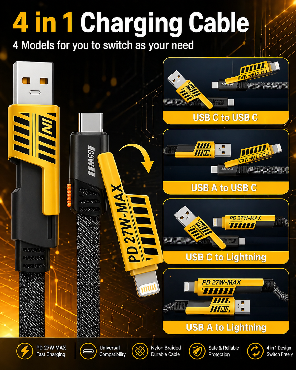 4-in-1 Fast Charging Cable – PD 60W USB-C to Lightning & USB-A Multi Charging Cable (Universal, Durable)
